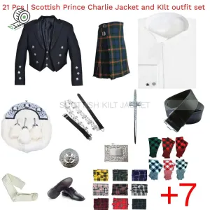 21-Piece Scottish Prince Charlie Jacket, Vest, and Kilt Set