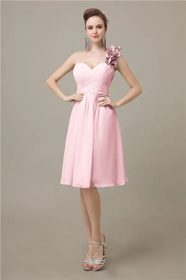 A-line Chiffon One Shoulder Knee-Length Short Bridesmaid Dresses