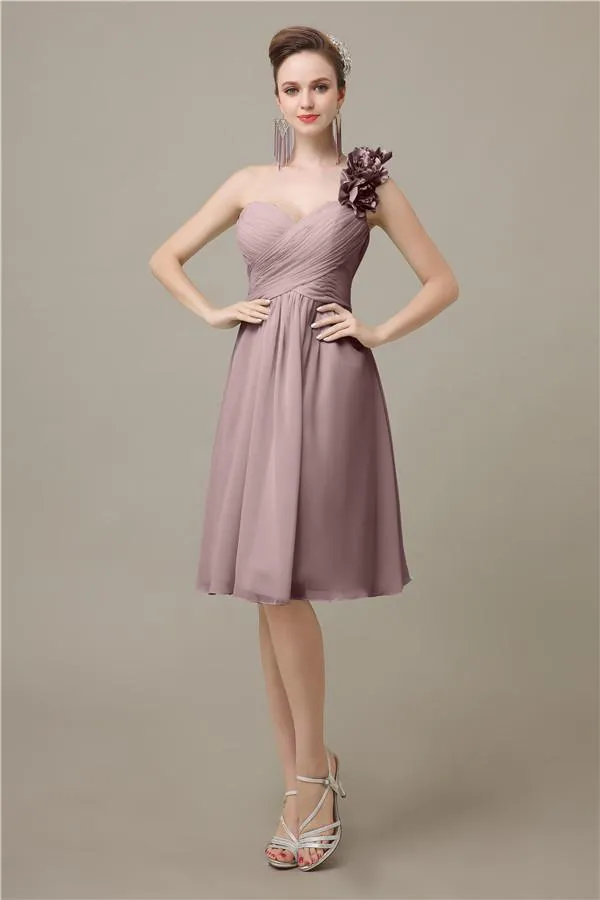 A-line Chiffon One Shoulder Knee-Length Short Bridesmaid Dresses