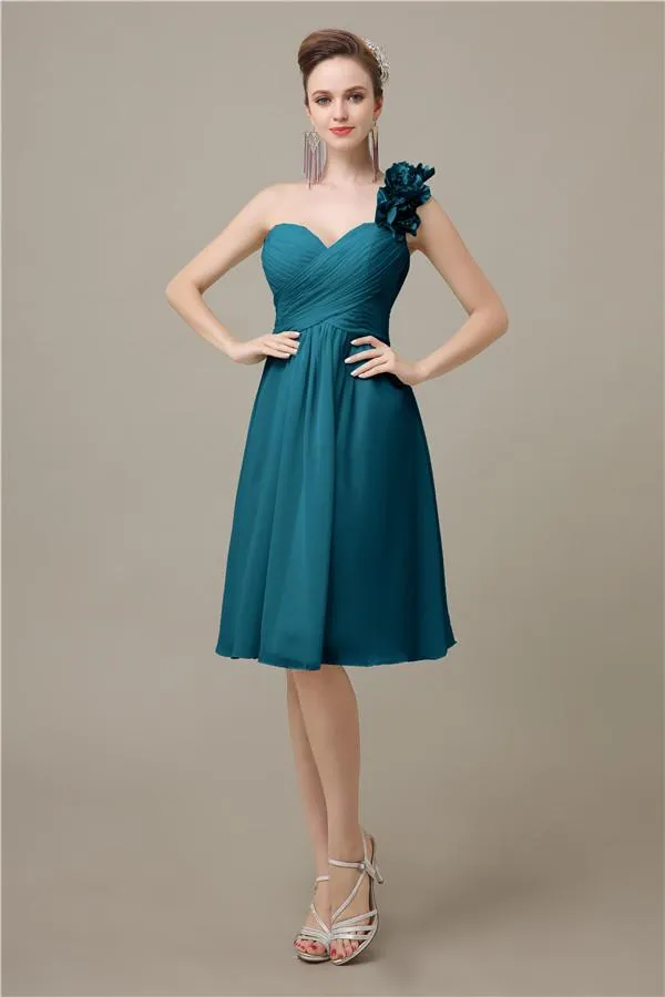 A-line Chiffon One Shoulder Knee-Length Short Bridesmaid Dresses