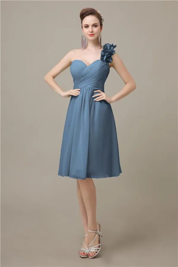 A-line Chiffon One Shoulder Knee-Length Short Bridesmaid Dresses