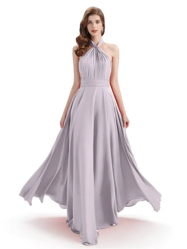 A-Line Cross Neck Pleats Chiffon Long Bridesmaid Dresses