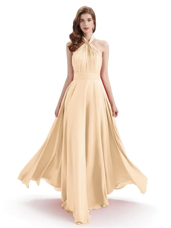 A-Line Cross Neck Pleats Chiffon Long Bridesmaid Dresses