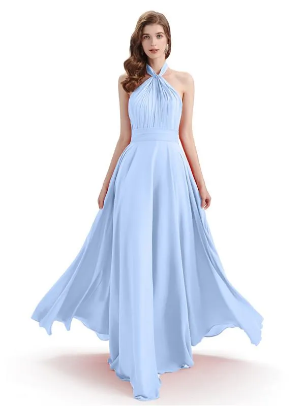 A-Line Cross Neck Pleats Chiffon Long Bridesmaid Dresses