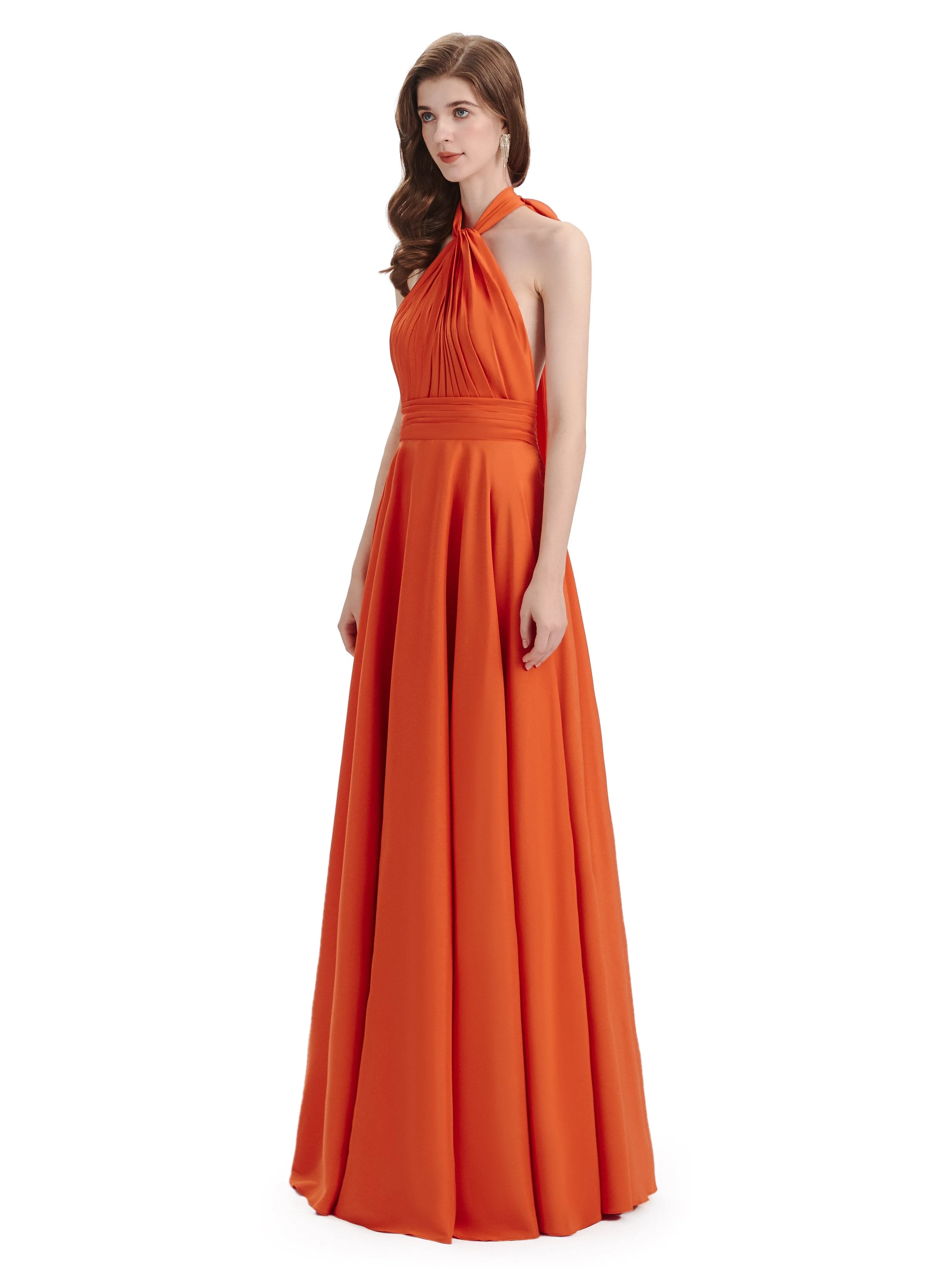 A-Line Cross Neck Pleats Chiffon Long Bridesmaid Dresses