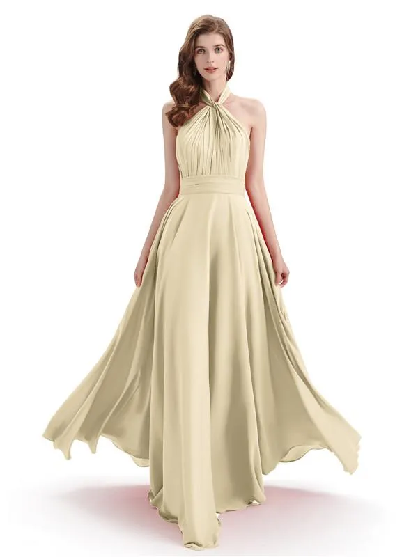 A-Line Cross Neck Pleats Chiffon Long Bridesmaid Dresses