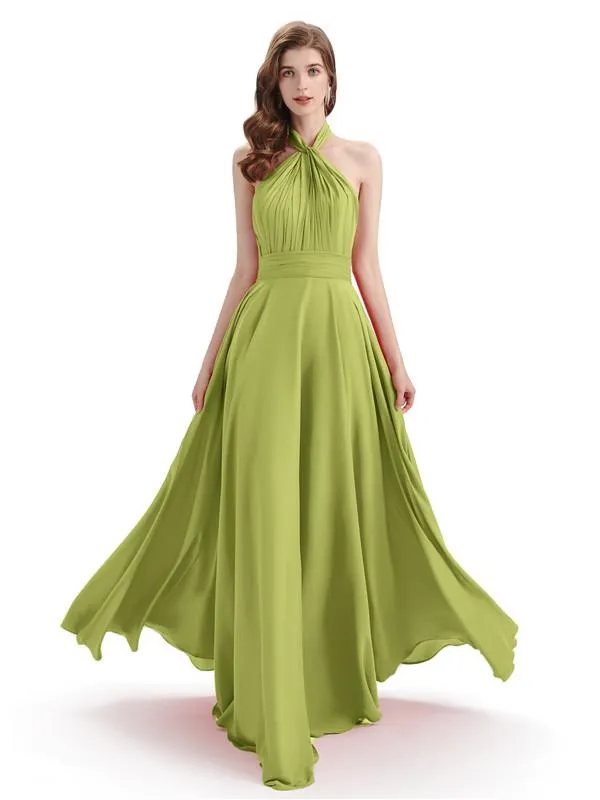 A-Line Cross Neck Pleats Chiffon Long Bridesmaid Dresses