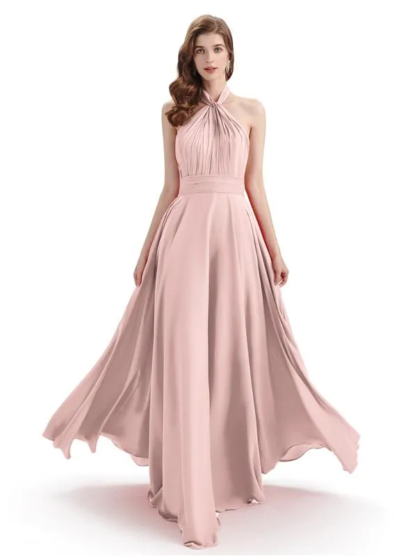 A-Line Cross Neck Pleats Chiffon Long Bridesmaid Dresses