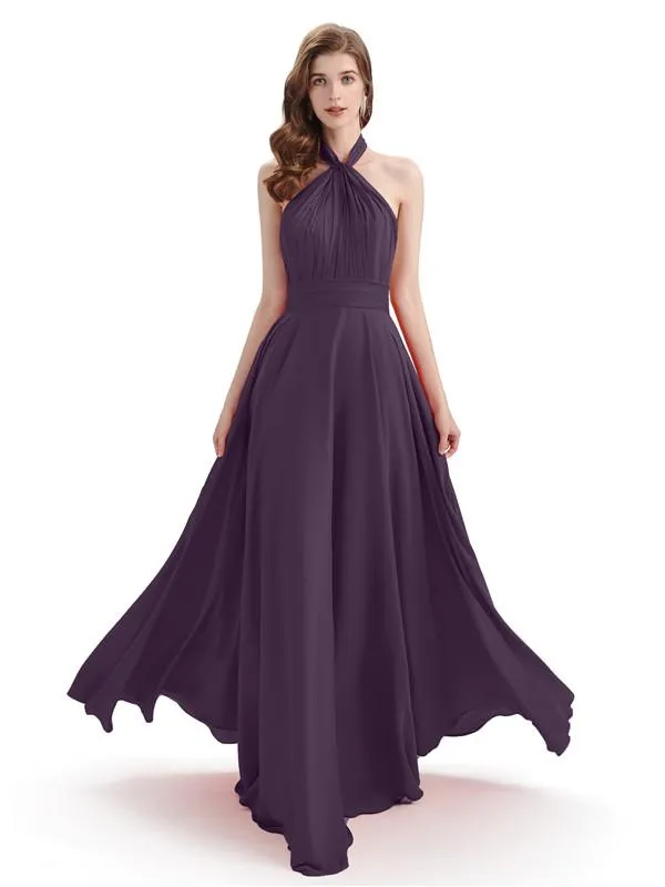 A-Line Cross Neck Pleats Chiffon Long Bridesmaid Dresses