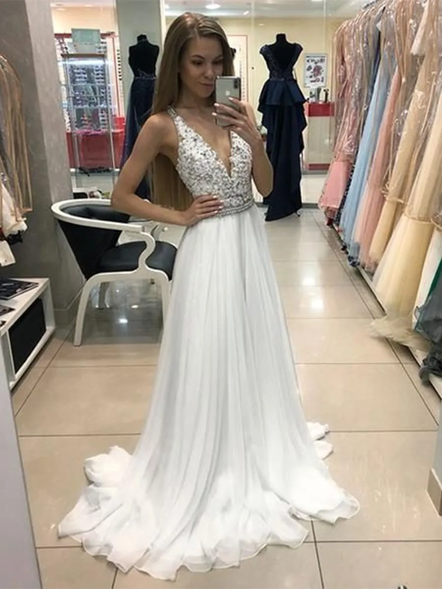 A Line V Neck Beaded Long White Lace Prom with Belt, V Neck White Lace Formal, Lace White Evening