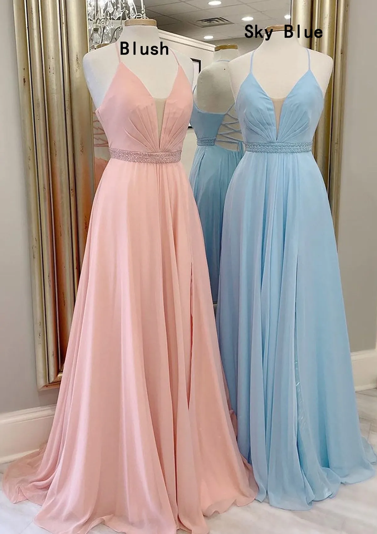 A-line V Neck Sleeveless Chiffon Sweep Train Prom Dress With Beading Pleated