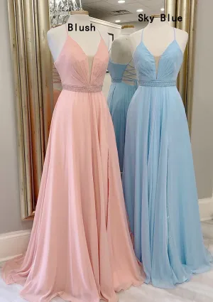 A-line V Neck Sleeveless Chiffon Sweep Train Prom Dress With Beading Pleated