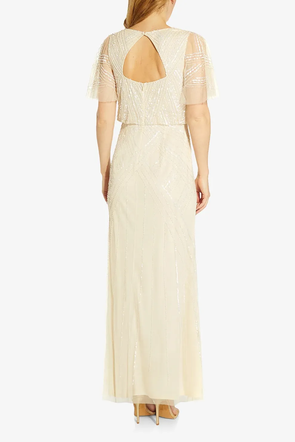 Adrianna Papell V Neck Beaded Flutter Sleeves Back Zipper Long Chiffon Dress