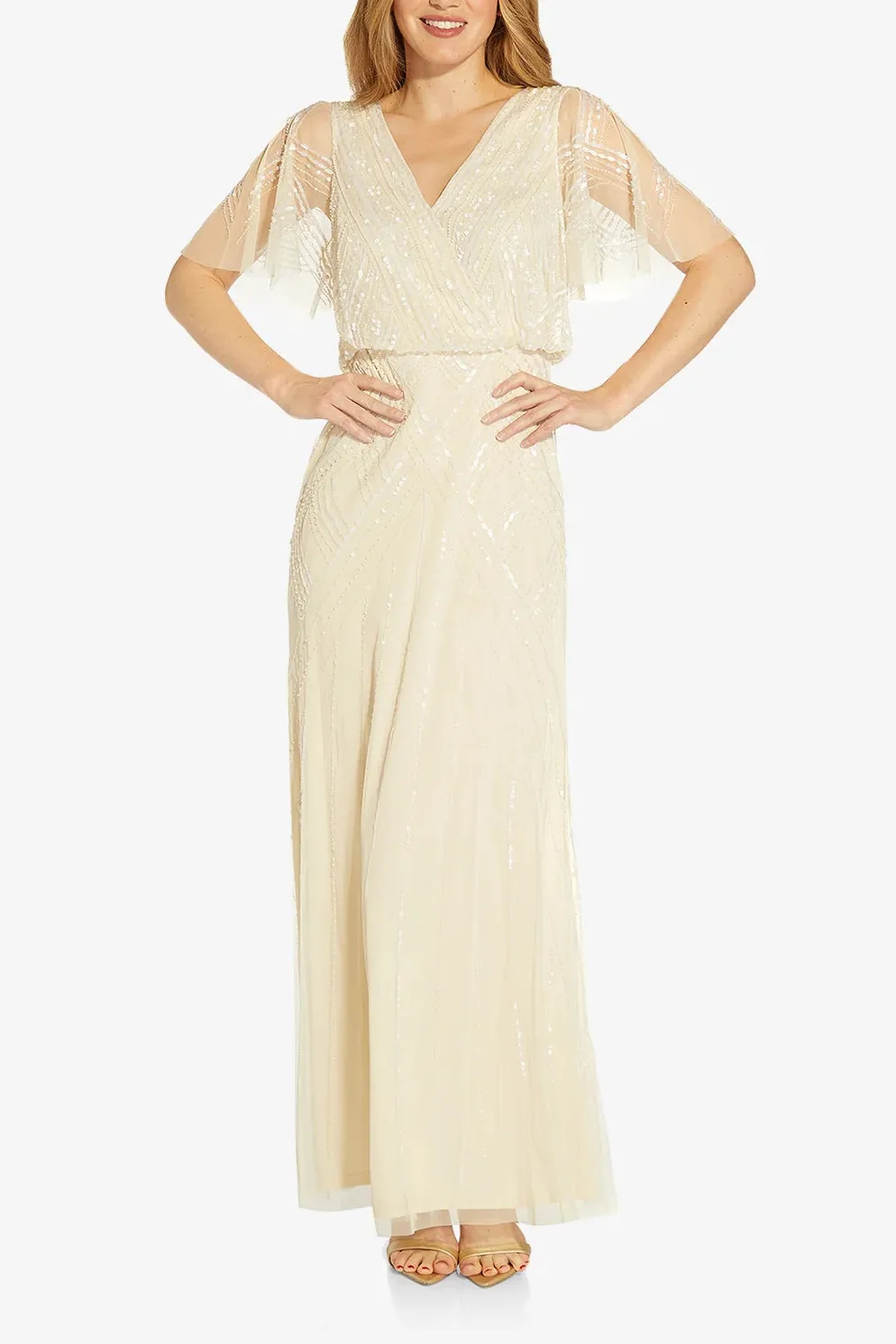 Adrianna Papell V Neck Beaded Flutter Sleeves Back Zipper Long Chiffon Dress