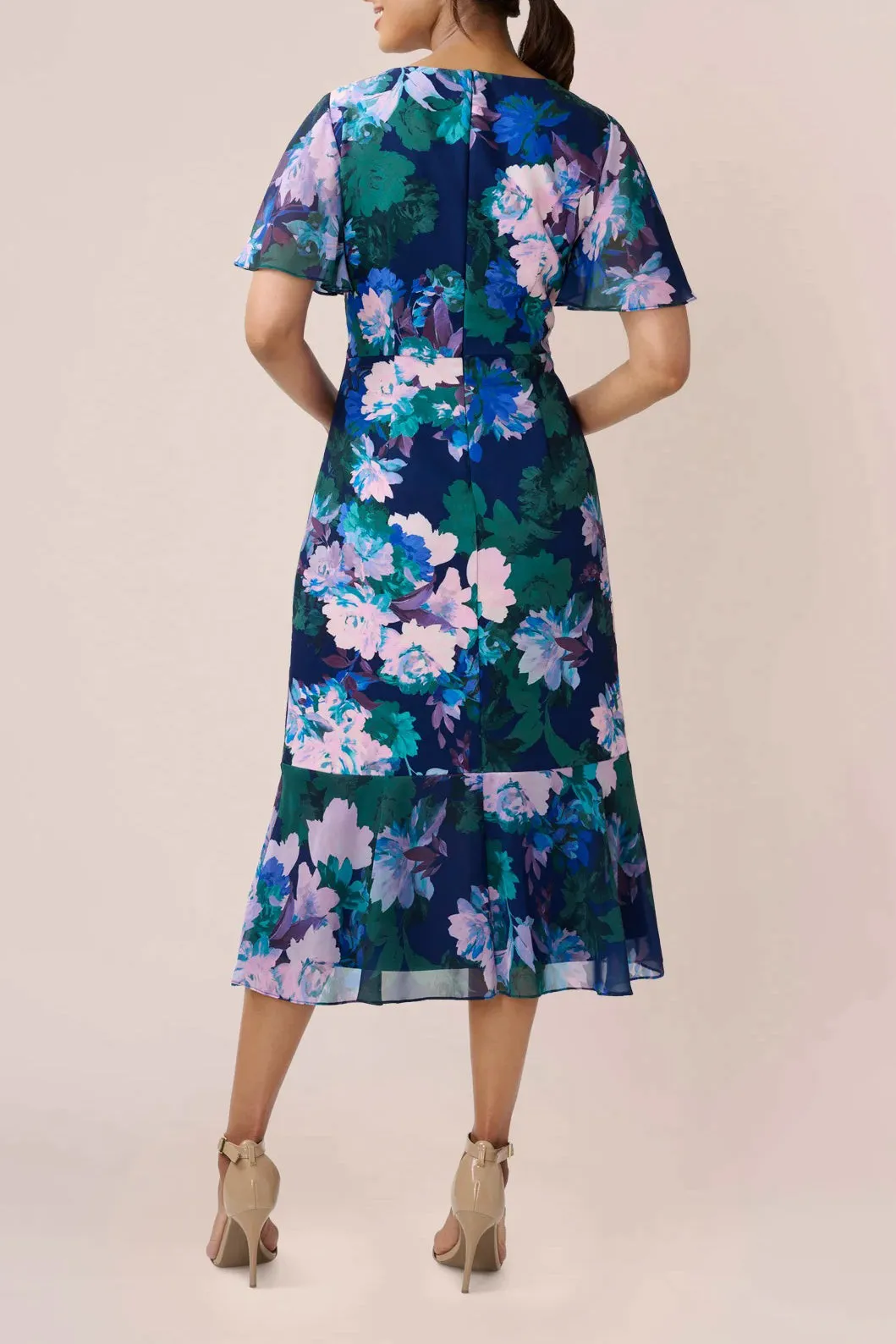 Adrianna Papell V-Neck Short Sleeve Floral-Print Stretch Twill and Chiffon Midi Dress