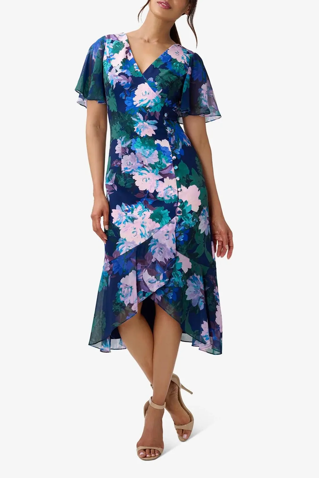 Adrianna Papell V-Neck Short Sleeve Floral-Print Stretch Twill and Chiffon Midi Dress