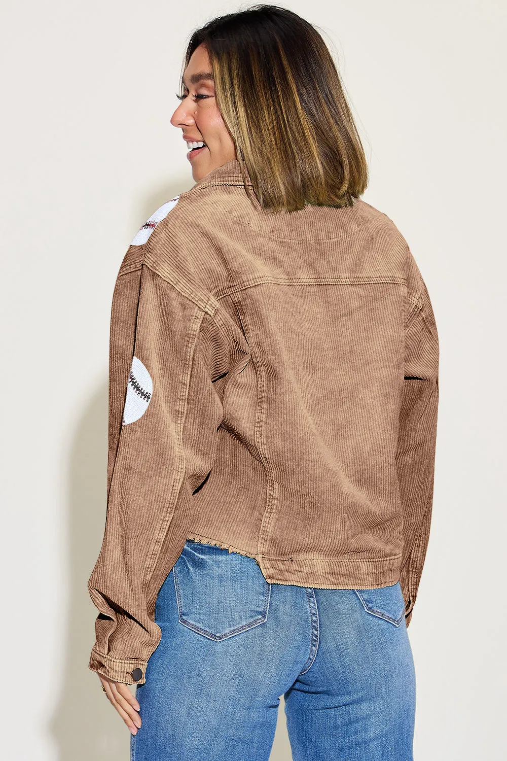 Baseball Sequin Dropped Shoulder Raw Hem Jacket