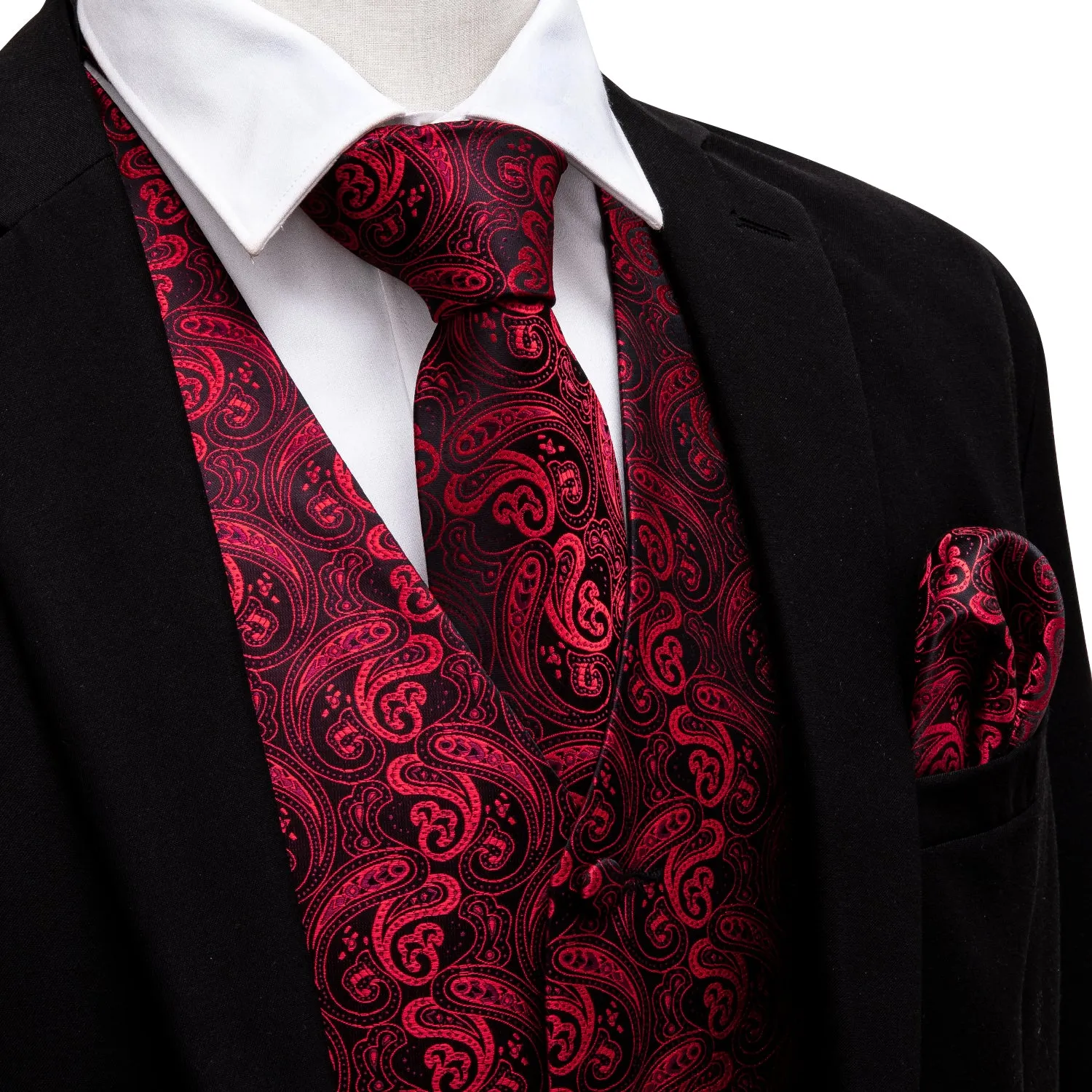 Black Red Paisley Jacquard Silk Men's Vest Hanky Cufflinks Tie Set