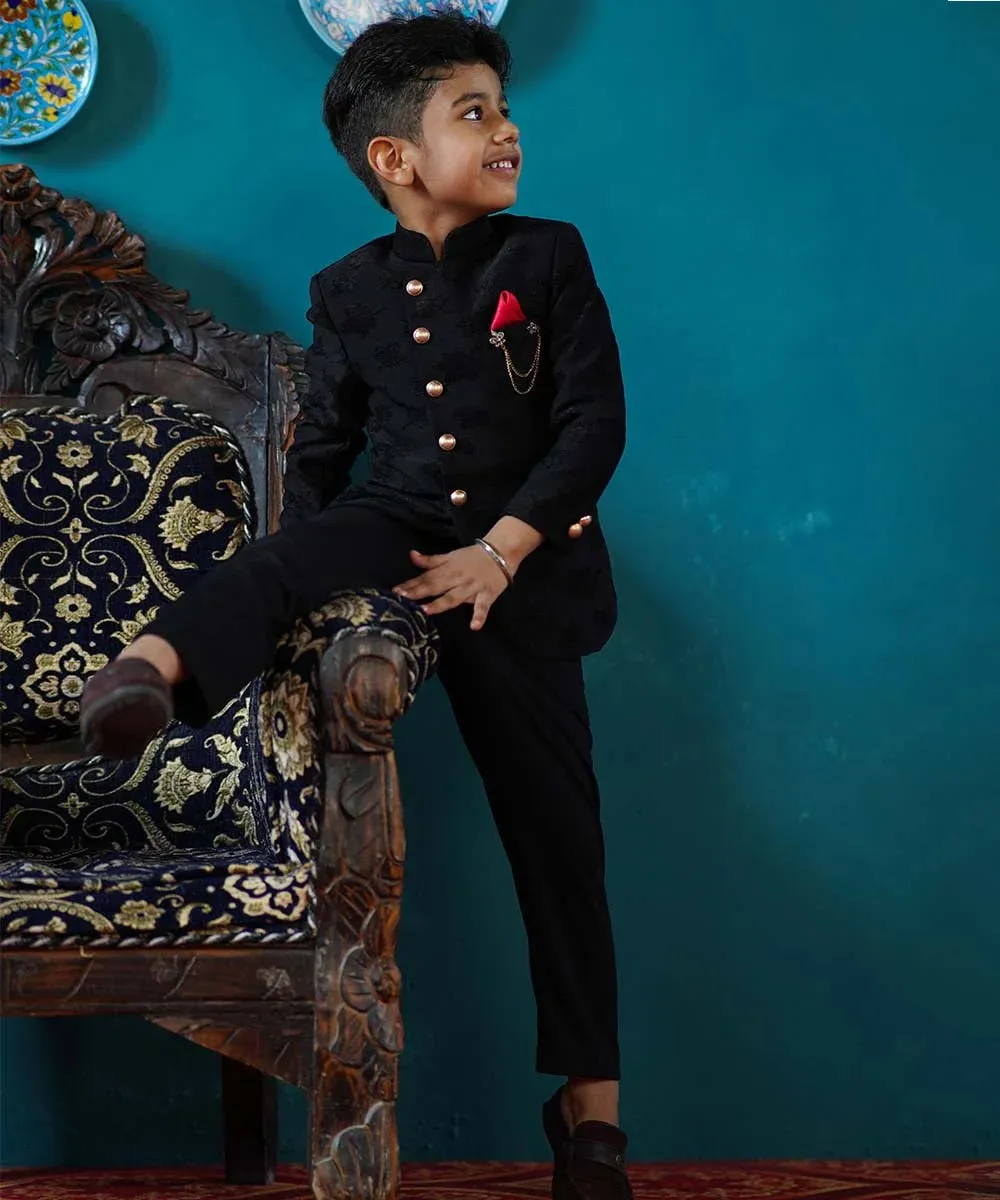 Black Self Jacquard Design Jodhpuri Suit for Boys