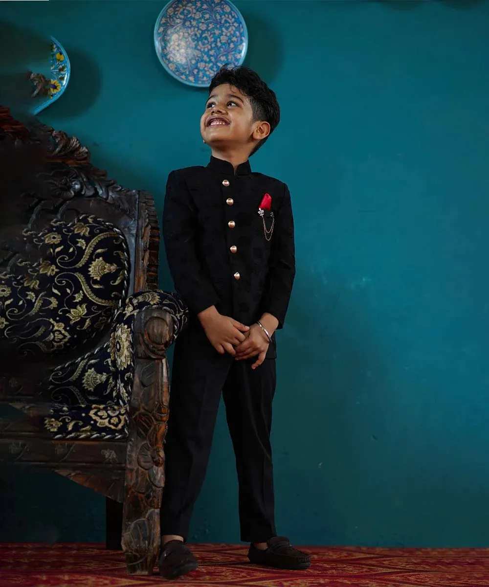 Black Self Jacquard Design Jodhpuri Suit for Boys