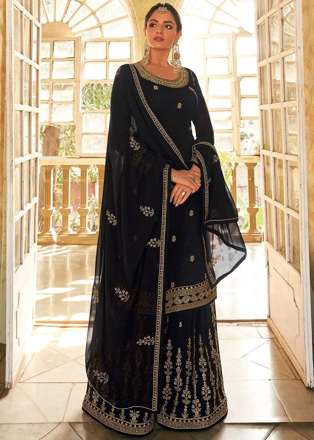 Black Stone Work Embroidered Georgette Sharara Suit