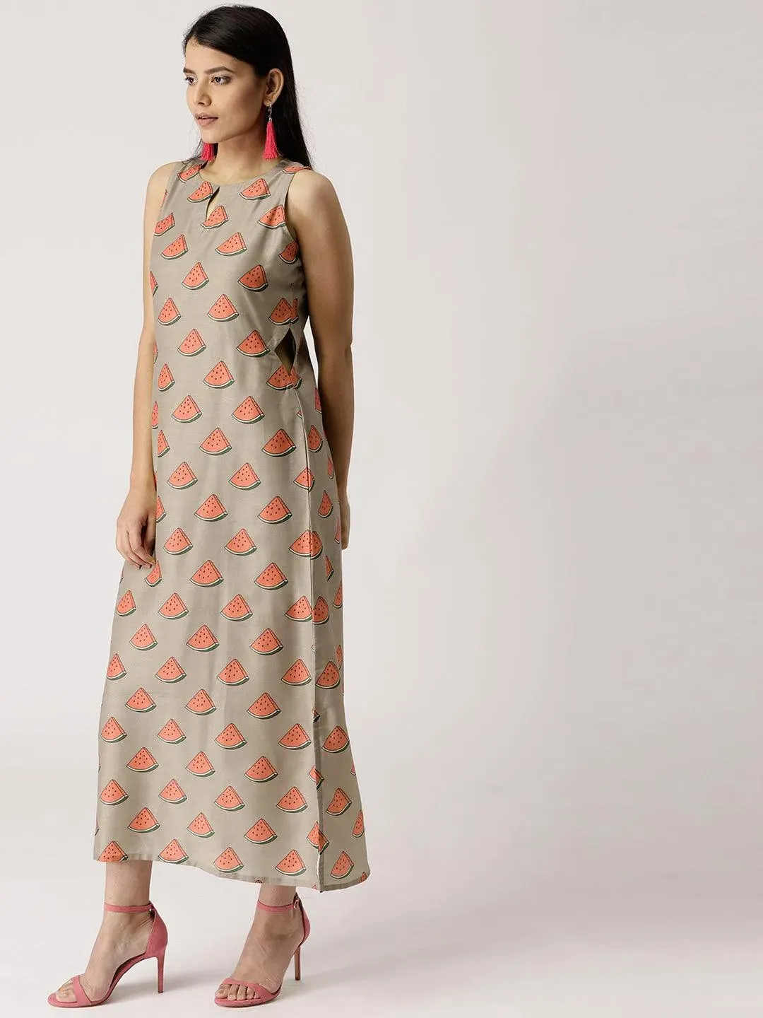 Brown Printed Silk Dress