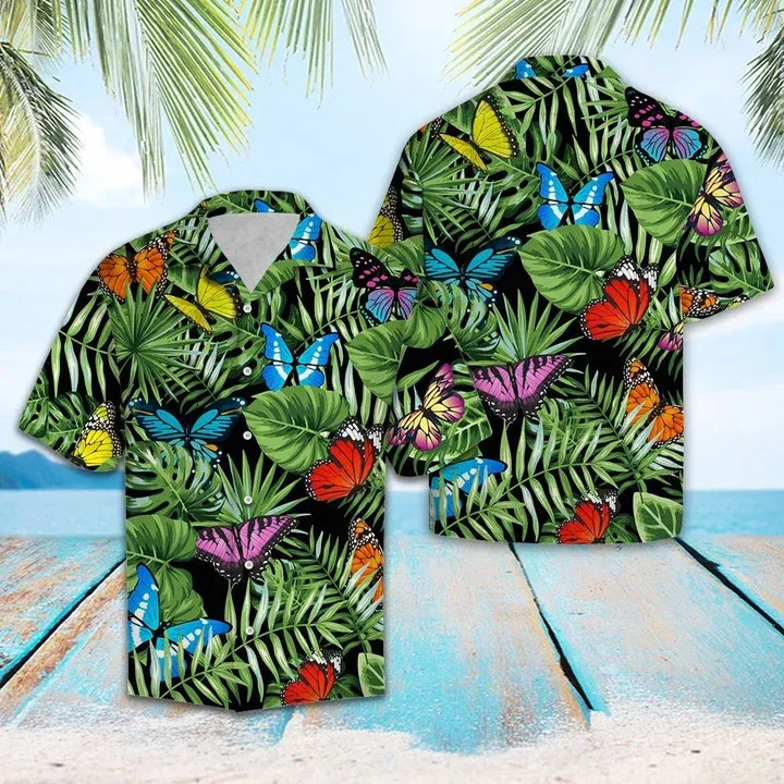 Butterfly And Green Tropical Leaves Design Hawaiian Shirt