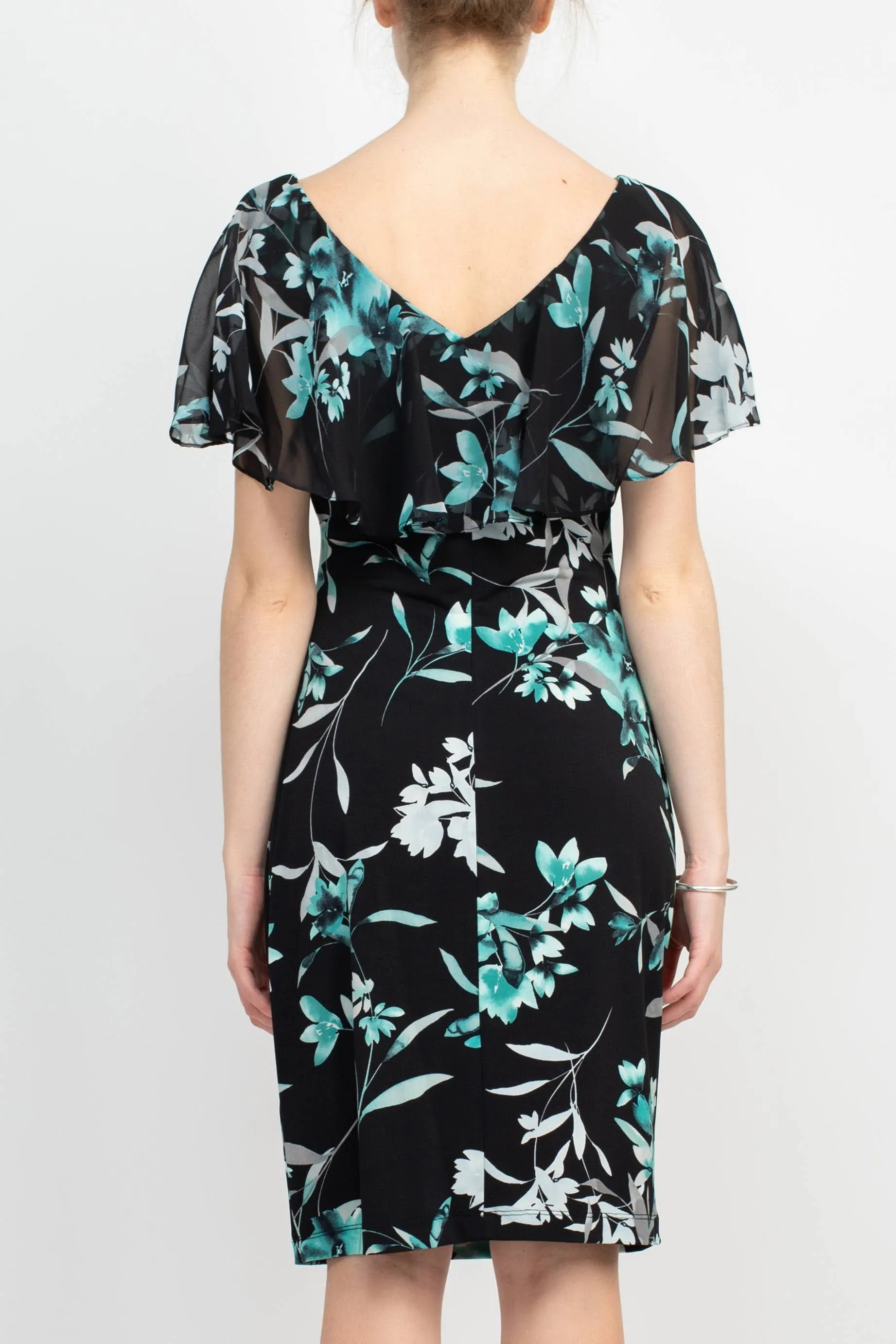 Connected Apparel V-Neck Sleeveless Floral Print Chiffon Overlay Gathered Side Floral Print ITY Dress