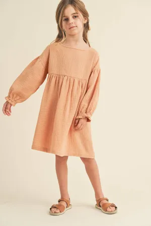 Crinkled Texture Puff Sleeve Dress- Sand