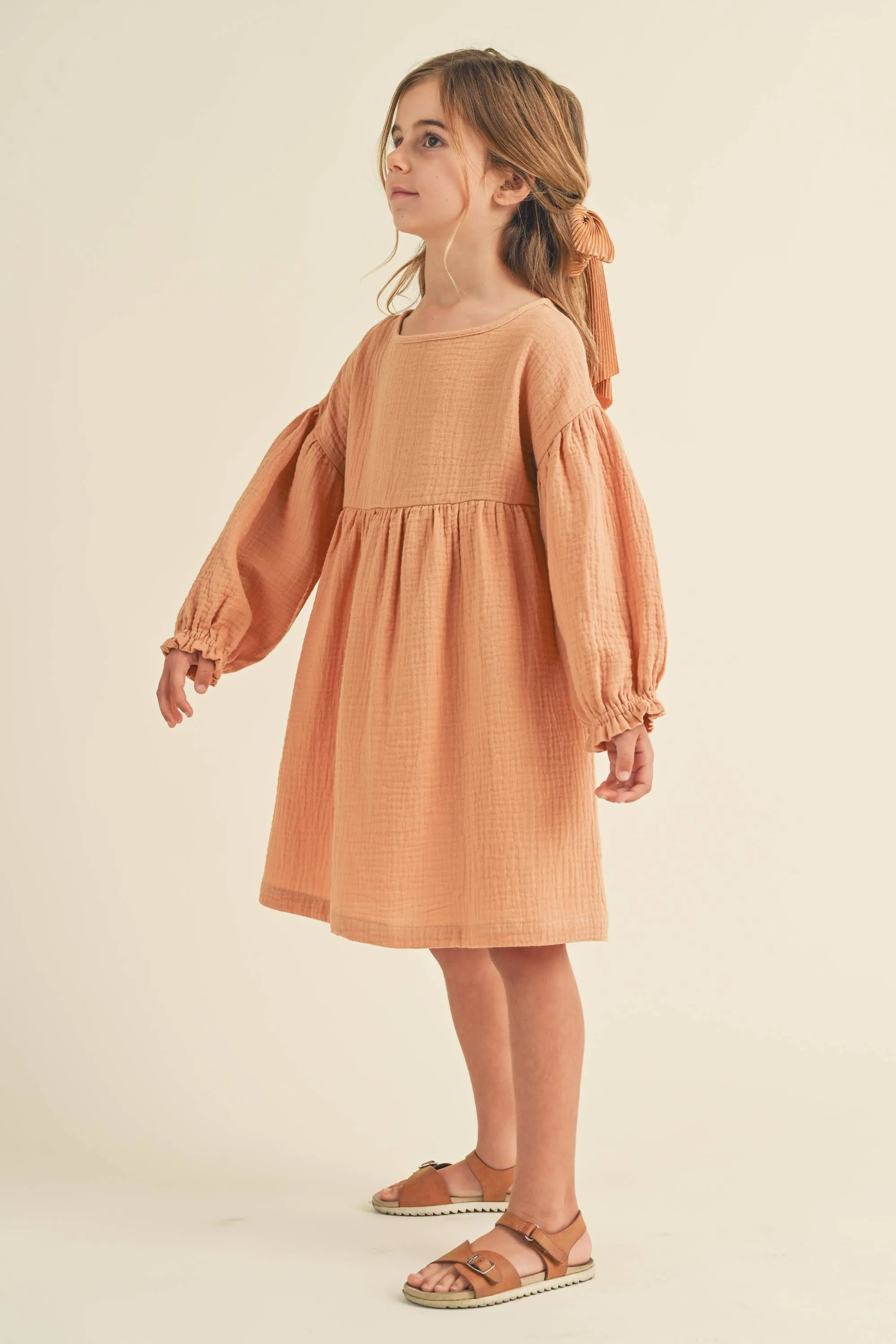 Crinkled Texture Puff Sleeve Dress- Sand