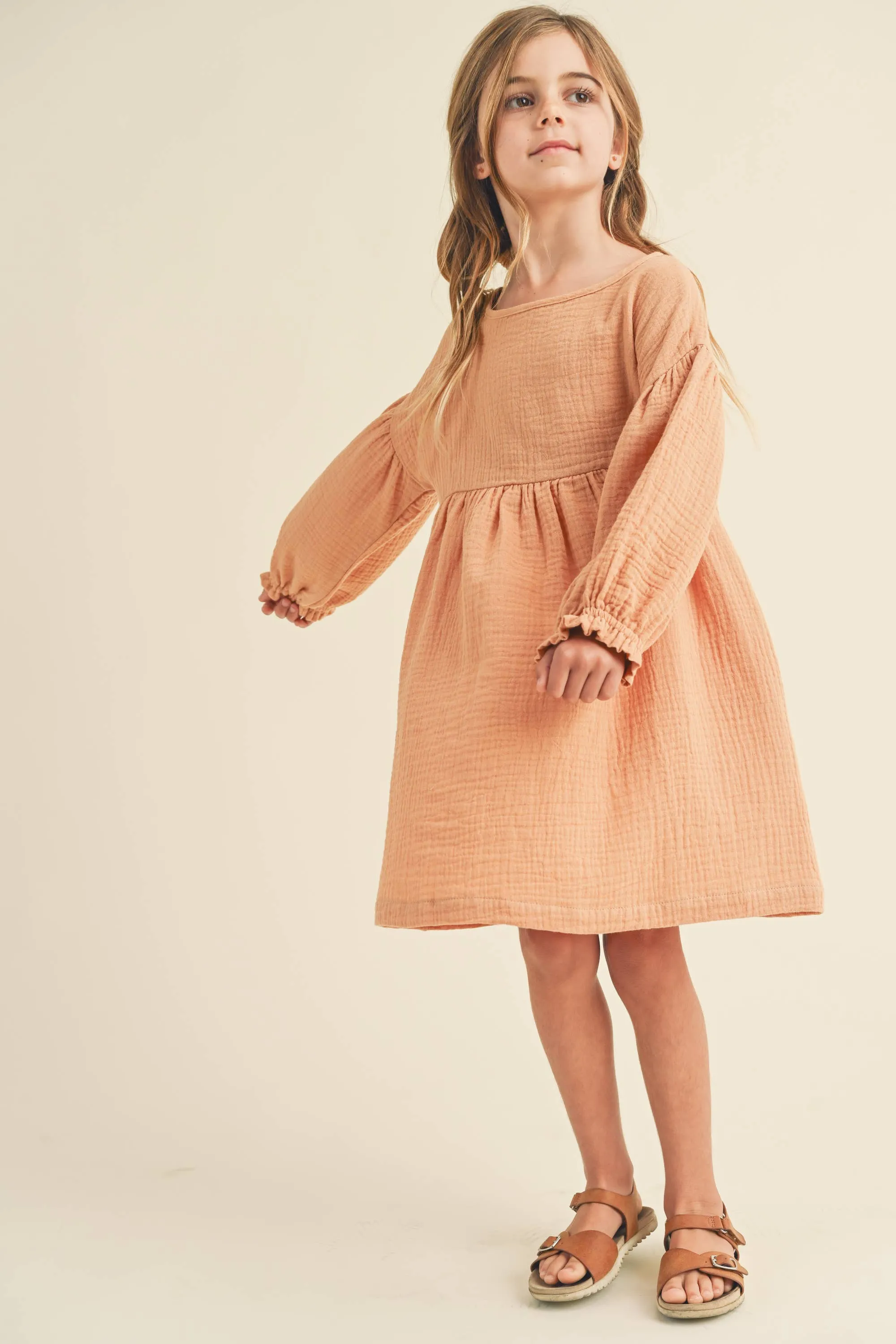 Crinkled Texture Puff Sleeve Dress- Sand