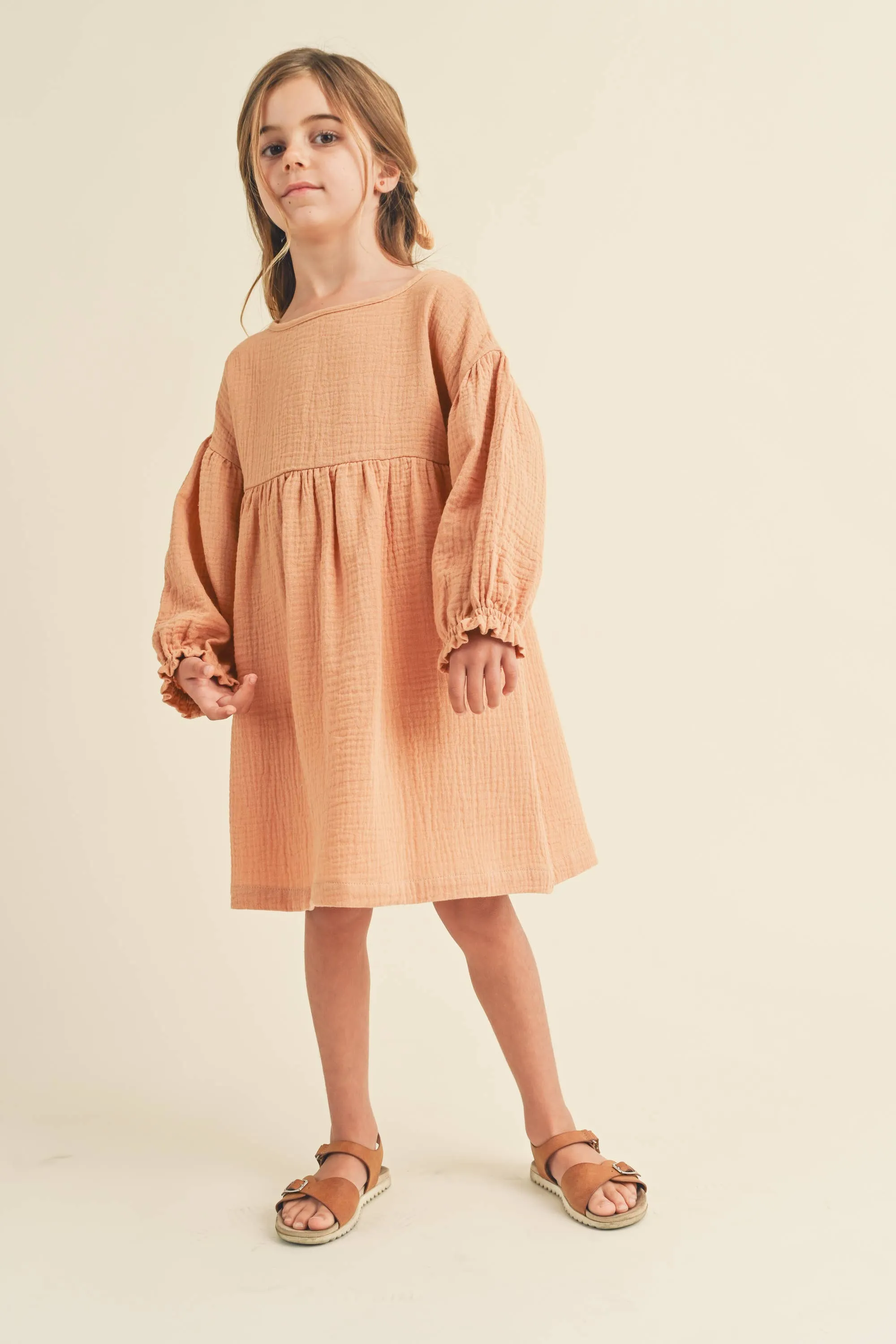 Crinkled Texture Puff Sleeve Dress- Sand