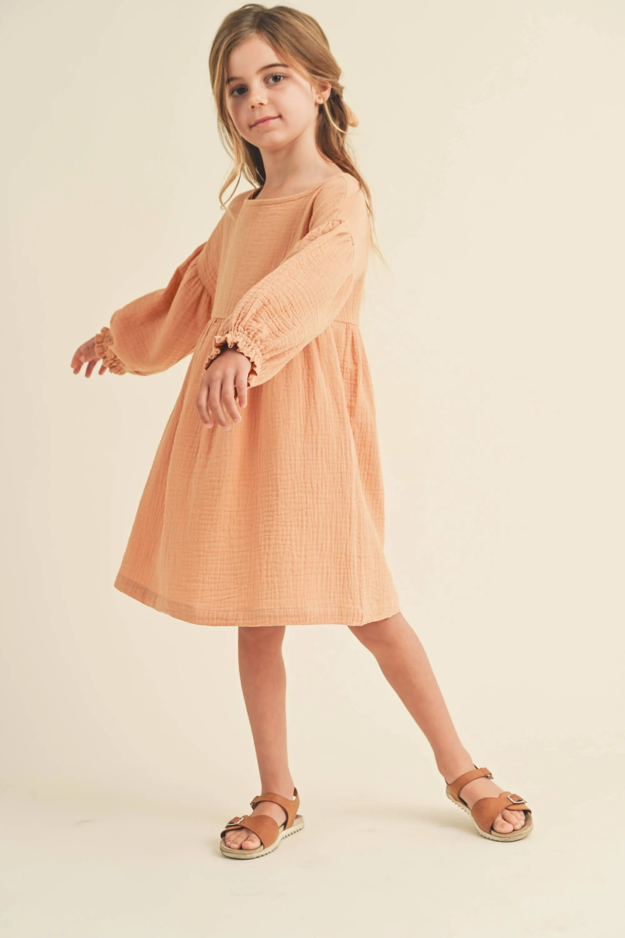 Crinkled Texture Puff Sleeve Dress- Sand