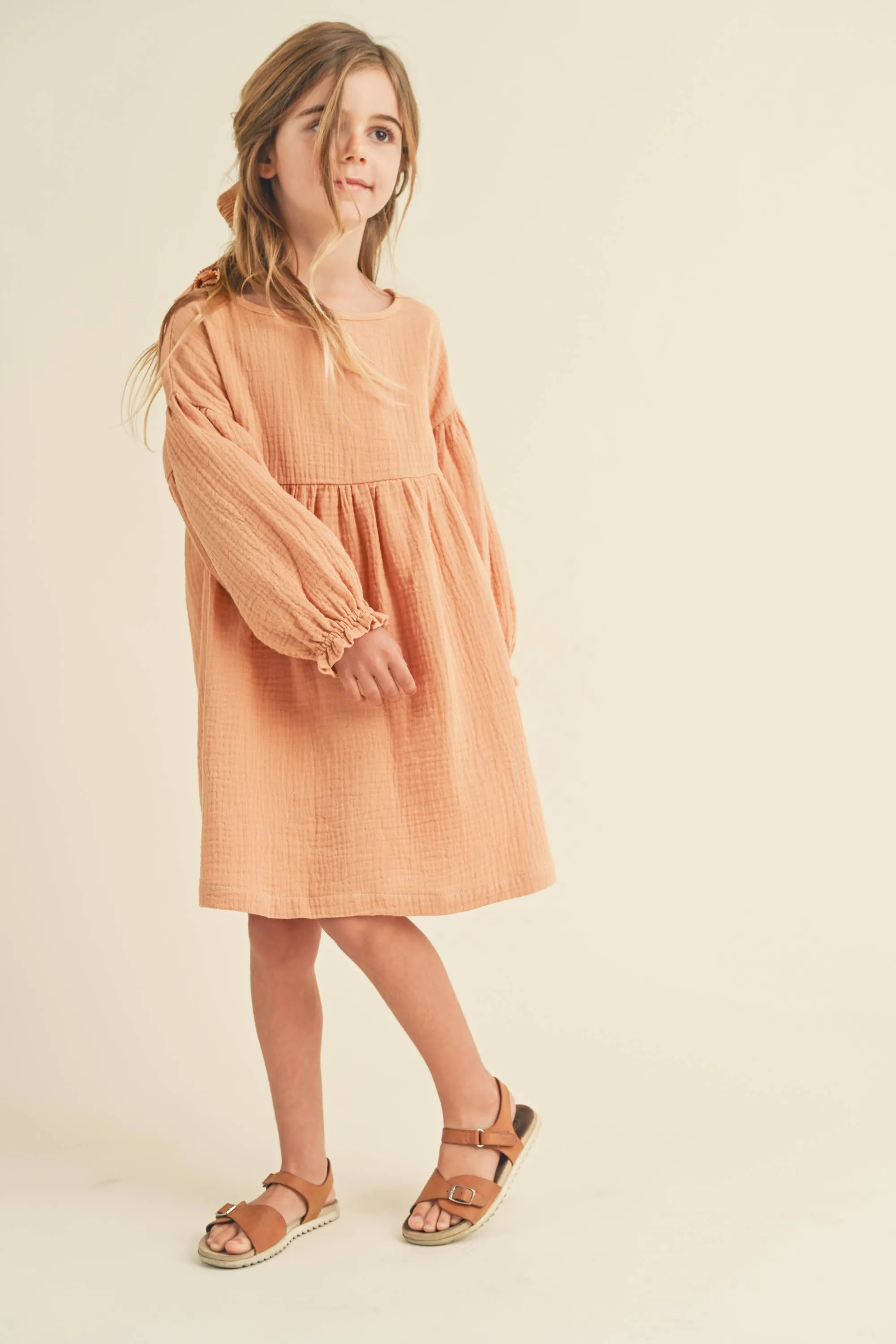 Crinkled Texture Puff Sleeve Dress- Sand