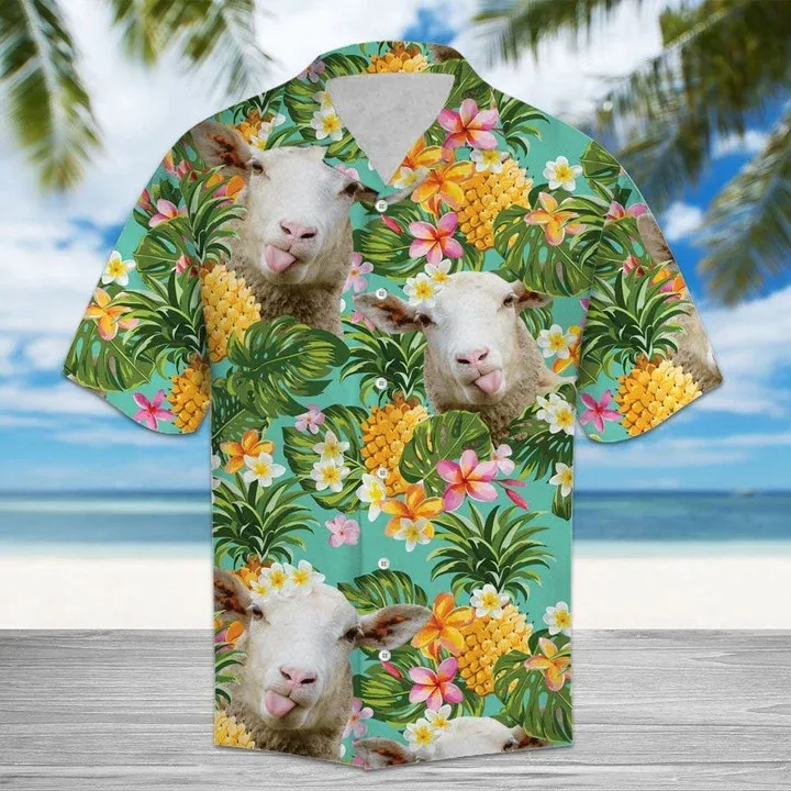 Cute Sheep Pineapples And Tropical Leaves Outstanding Hawaiian Shirt, Short Sleeve Hawaiian Aloha Shirt for men