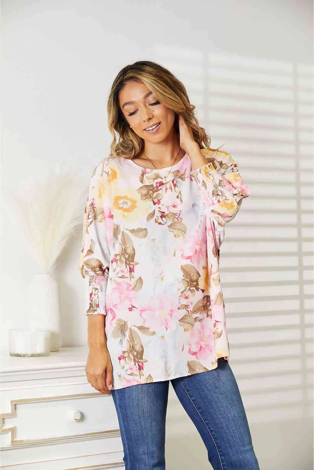 Double Take Floral Round Neck Three-Quarter Sleeve Top