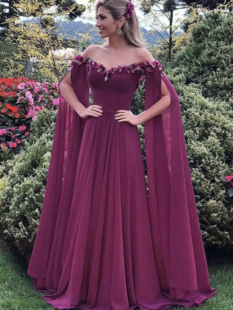 Elegant Floral Purple Chiffon Long Prom, Purple Formal Graduation Evening