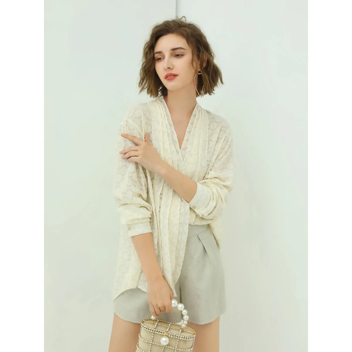 Elegant Pleated V-Neck Apricot Chiffon Shirt