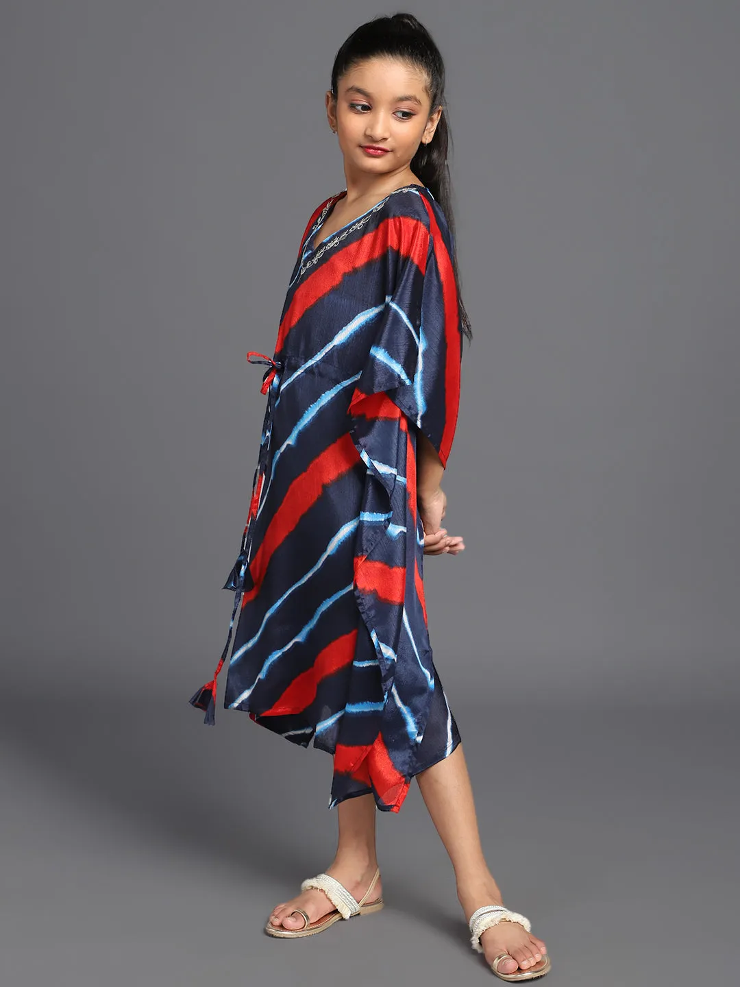 Girl's Navy Blue & Red Leheriya Printed Kaftan Dress With Embroidery Details - Aks Girls