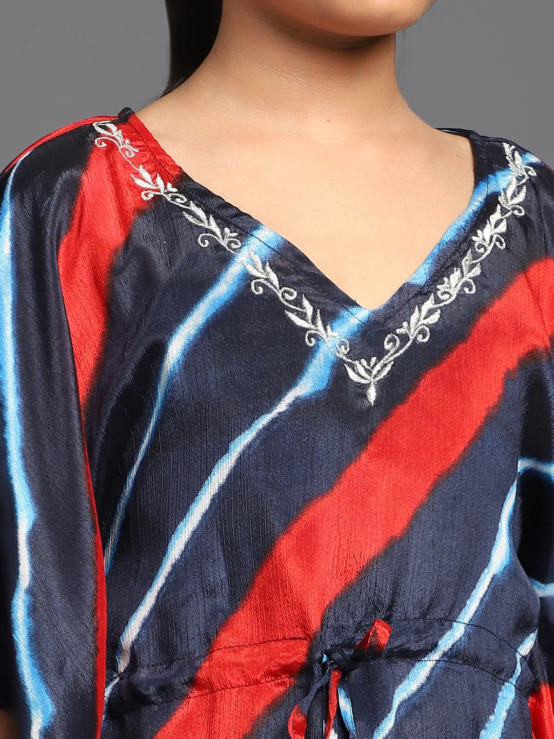 Girl's Navy Blue & Red Leheriya Printed Kaftan Dress With Embroidery Details - Aks Girls