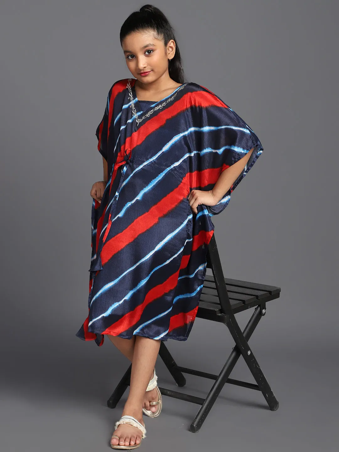 Girl's Navy Blue & Red Leheriya Printed Kaftan Dress With Embroidery Details - Aks Girls