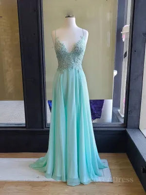 Green v neck lace chiffon long prom dress lace evening dress