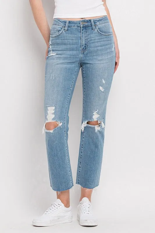 High Rise Distressed Cropped Straight Jeans