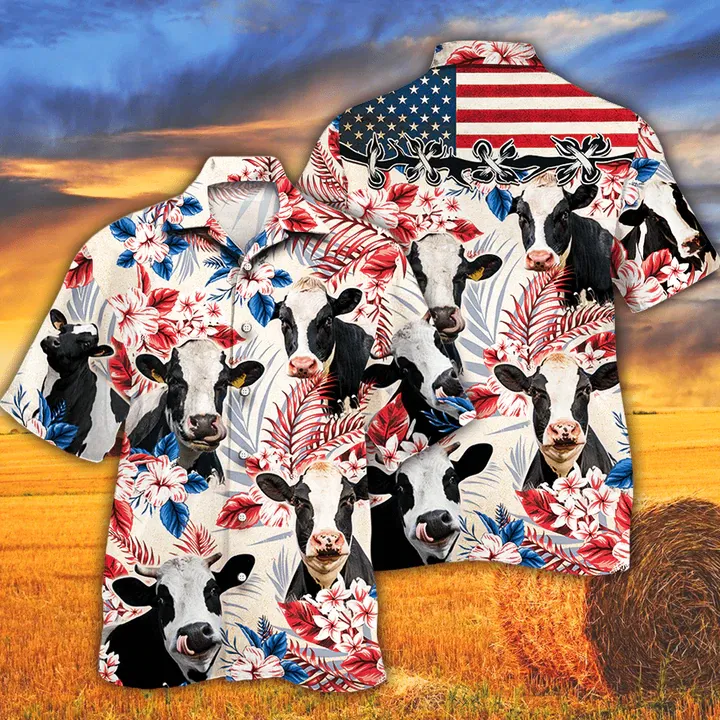 Holstein Friesian Cattle Lovers American Flag Hawaiian Shirt, Cow aloha Hawaiian shirt, Cow Hawaiian shirt vintage, Hawaiian shirt men