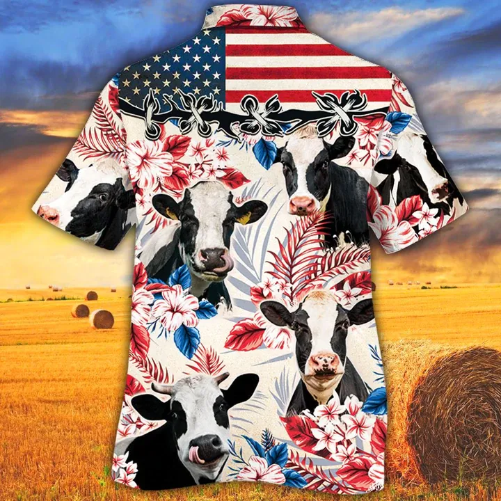 Holstein Friesian Cattle Lovers American Flag Hawaiian Shirt, Cow aloha Hawaiian shirt, Cow Hawaiian shirt vintage, Hawaiian shirt men