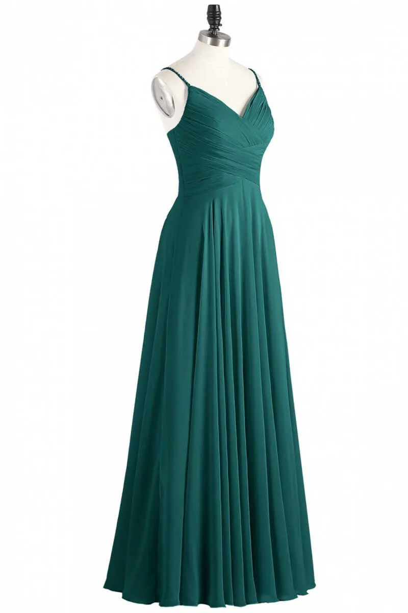 Hunter Green Chiffon V-Neck Spaghetti Straps A-Line Long Dress