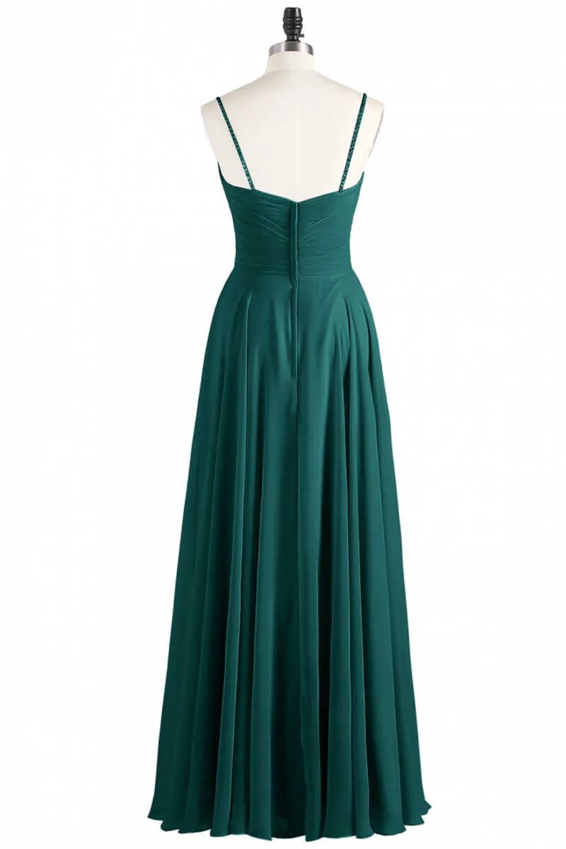 Hunter Green Chiffon V-Neck Spaghetti Straps A-Line Long Dress