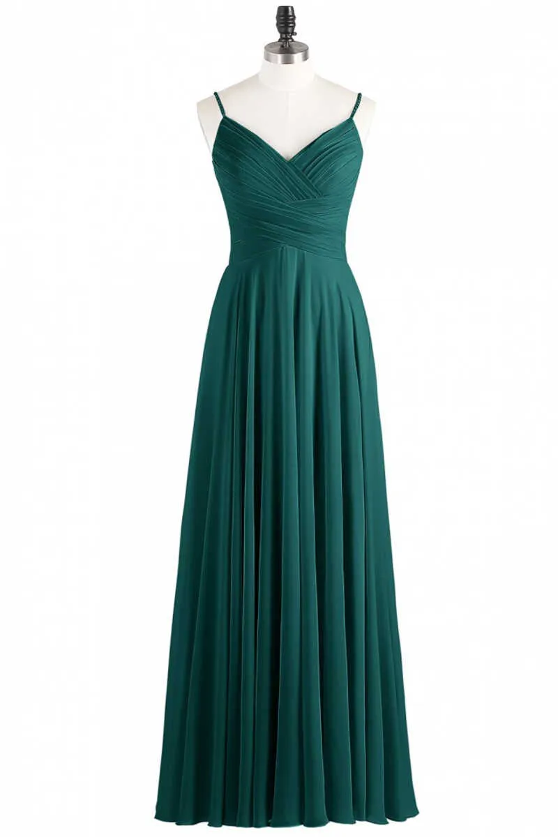 Hunter Green Chiffon V-Neck Spaghetti Straps A-Line Long Dress