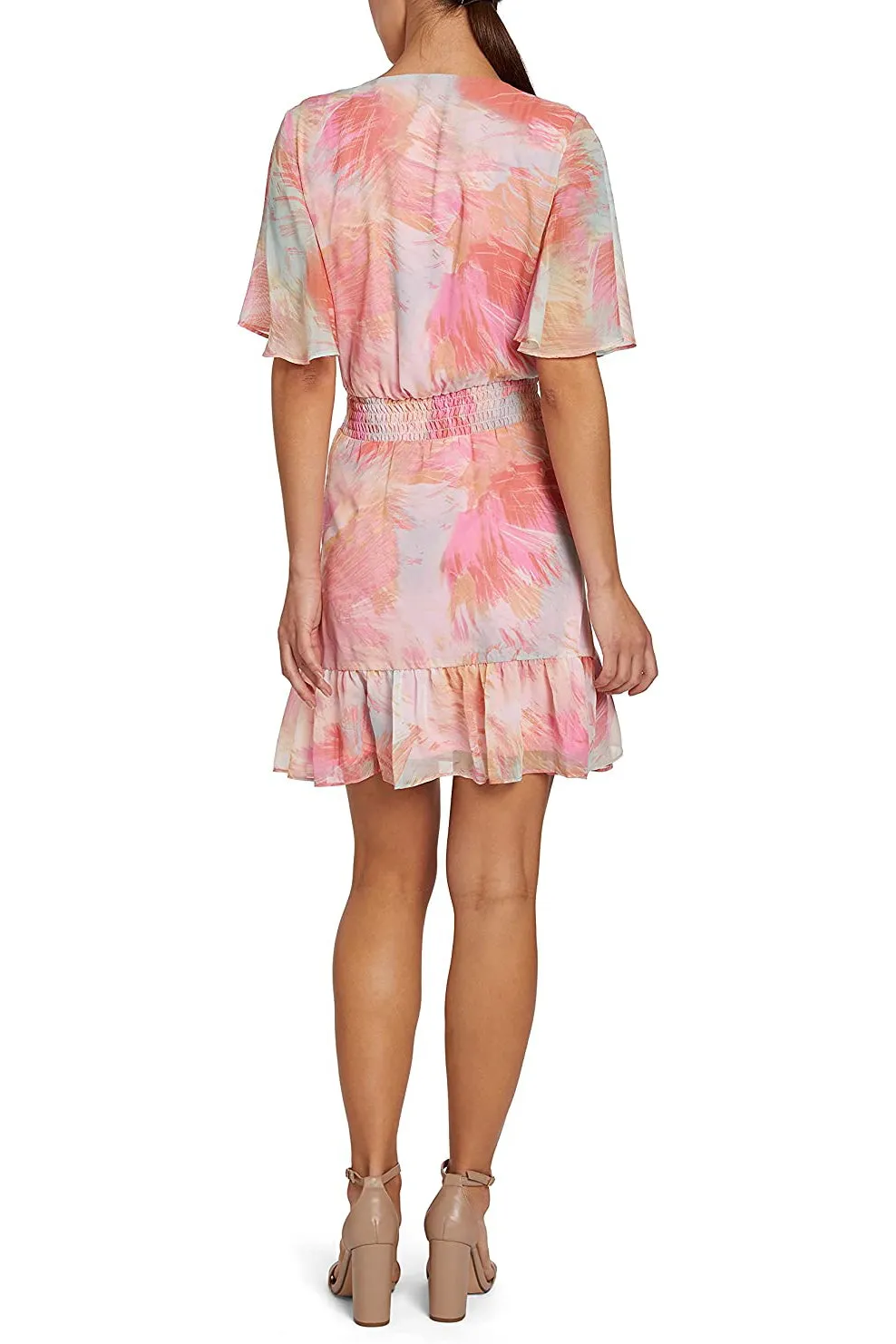 Laundry V-Neck Short Sleeve Elastic Waist Asymmetrical Tiered Hem Multi Print Chiffon Short Dress