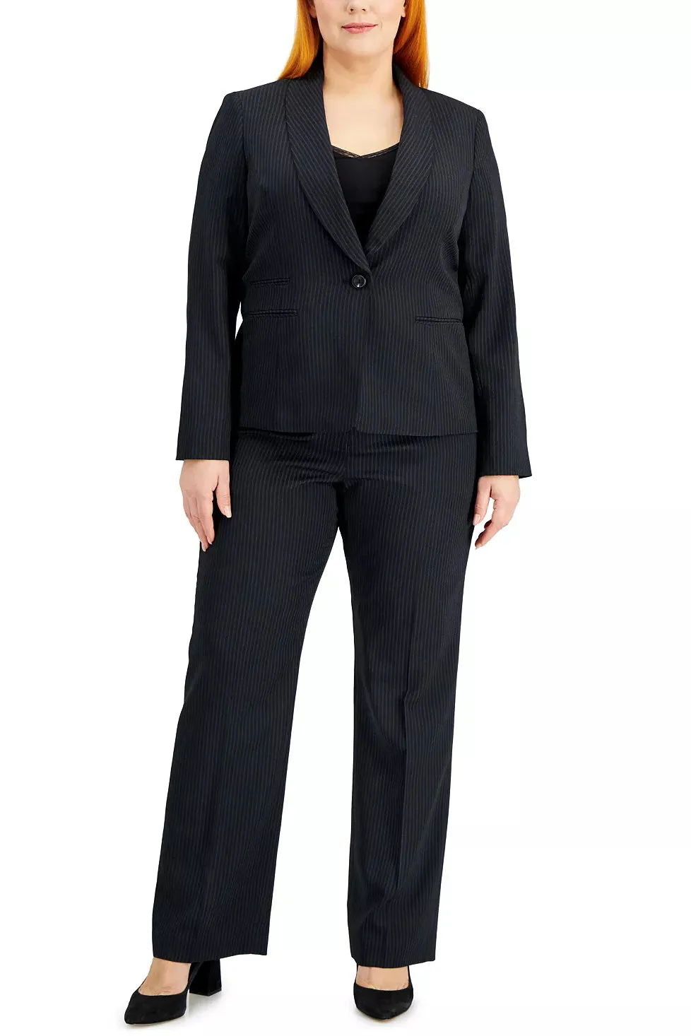 Le Suit Lapel Collar One Button Long Sleeve Jacket With Mid Waist Zipper Hook & Bar Zipper Closure Crepe Pant